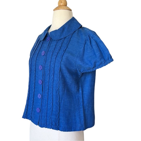 PERSAMAN New York Cobalt Blue Short Puff Sleeve Linen Blend Top, Size Medium - Picture 3 of 13